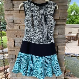 BCBGMaxAzria Leopard Color Block Dress In turquoise, gray and black